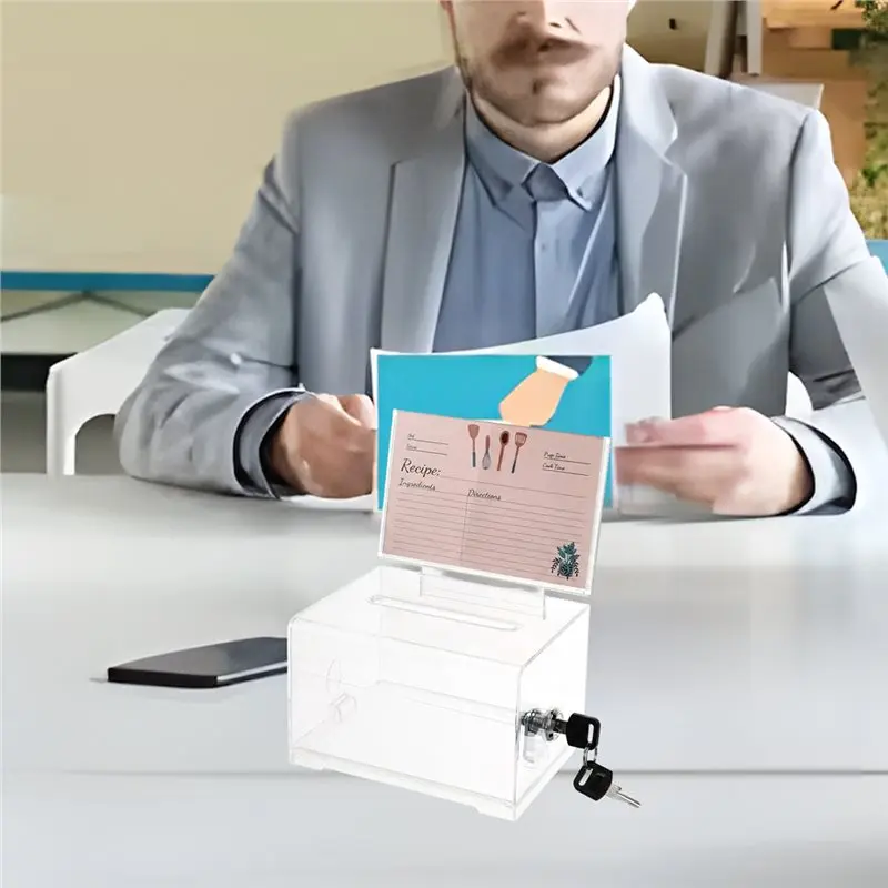 QWE-Acrylic Desk Accessories Business Card Holder Clear Box Suggestion Ballot Raffle Donation Trading Card Storage Organizer Gan