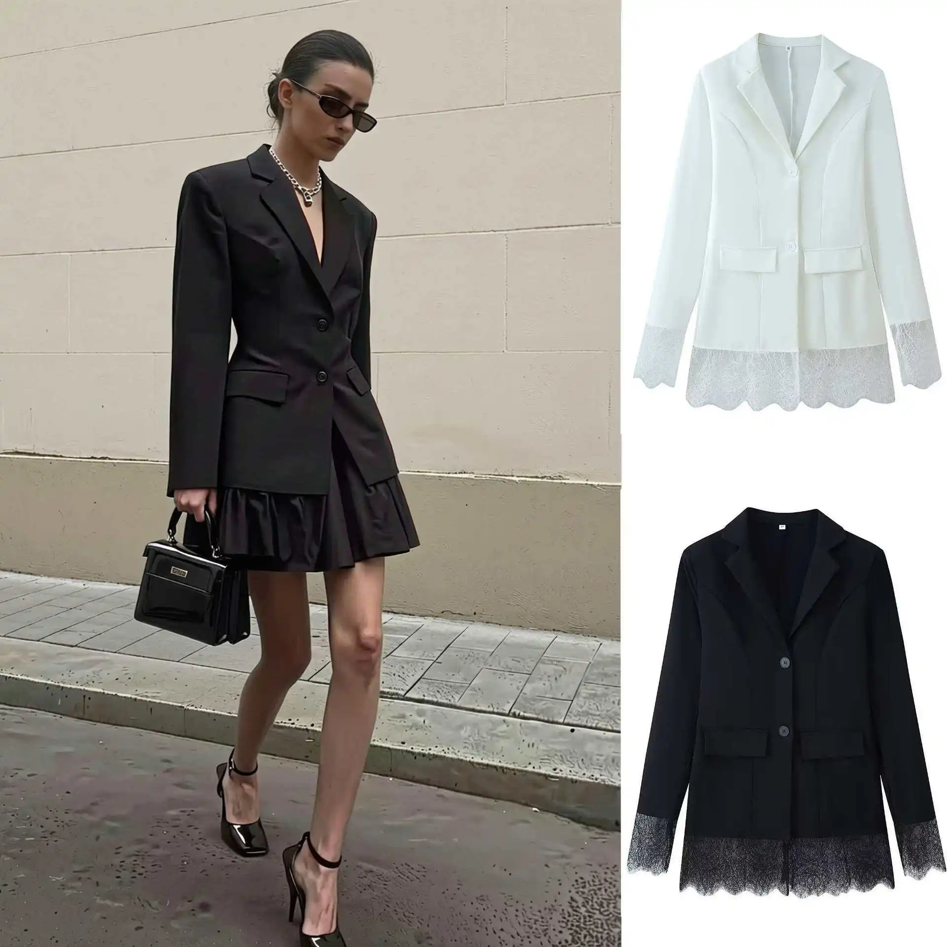 

Женский пиджак KIDCRKJ с кружевными вставками, отложным воротником, приталенный, с длинными рукавами, элегантный офисный блейзер для женщин