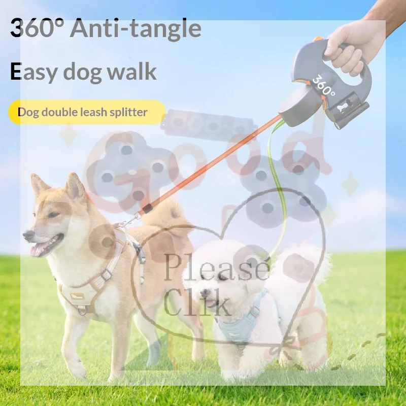 

【HG】360 Degree Double-Ended Dog Leash Auto Retractable Traction Rope With Flashlight Poop Bag Box For Walking Two Dogs Pet Leash