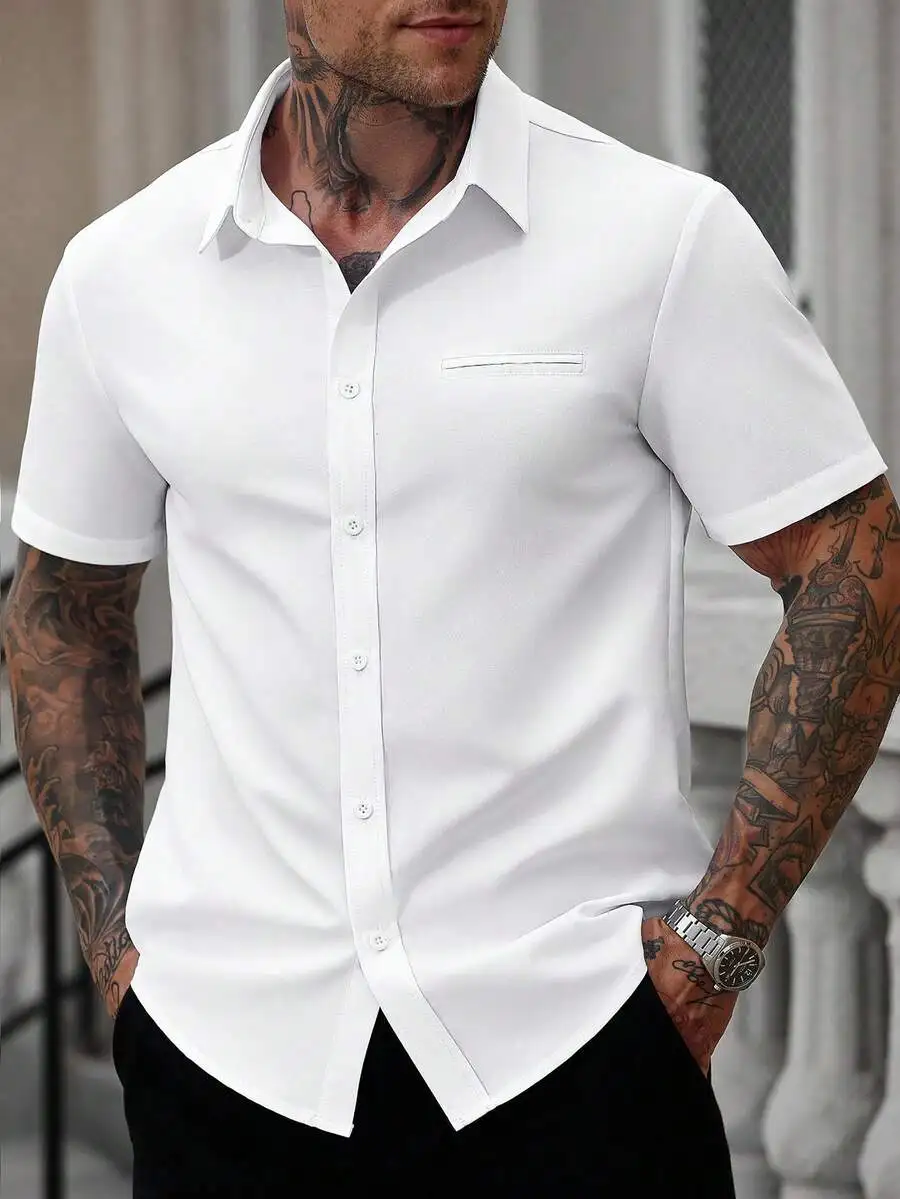 

Men's White Short Sleeve Casual Business Shirt with Chest Pocket
