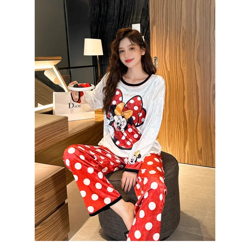 Disney Mickey Mouse Ice Silk Women\'s Pajamas Loose Crew Neck Long Sleeve Two-piece Casual Two-piece Pajamas Homewear Set