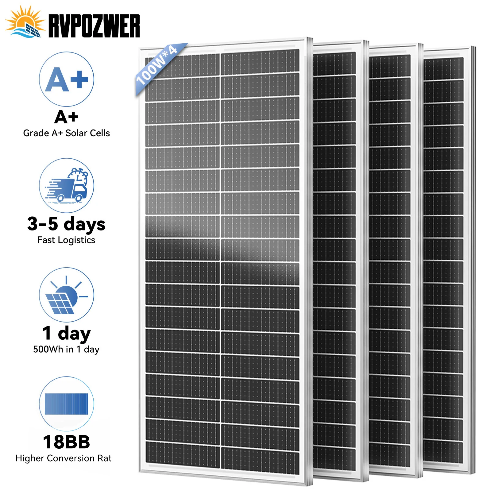 RVPOZWER 12.8V 100W Rigid Solar Panel 18BB N-Type Solar Cells Monocrystalline Silicon Waterproof Solar Panel Camping/Home/RV