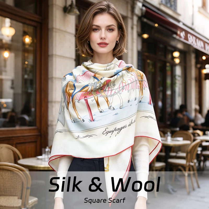 Autumn and Winter Warm Scarf 30% Pure Natural Silk+70% Wool 130x130CM Double-sided digital printing pink shawl Equestrian print