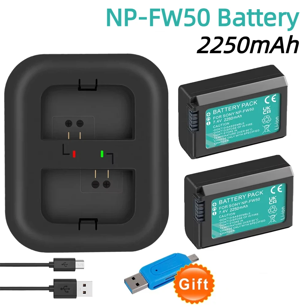 PALO NP FW50 NP-FW50 NPFW50 2250mAh Camera Battery and USB LED Charger For Sony Alpha A6500 A6300 A6000 A5000 A3000 NEX-3