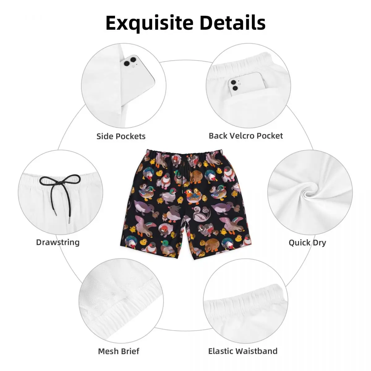 Strój kąpielowy Mandarin Duck Board Shorts Summer Duck and Duckling Board Short Pants Męska odzież sportowa Szybkoschnące kąpielówki