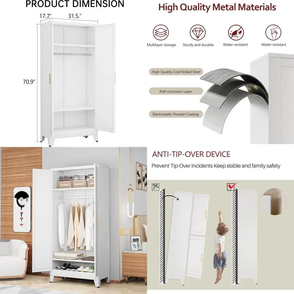

71 Metal Storage Cabinet with Hanging Rod, 2 Doors & Adjustable Shelves for Bedroom, Laundry, and Cloak Rooms