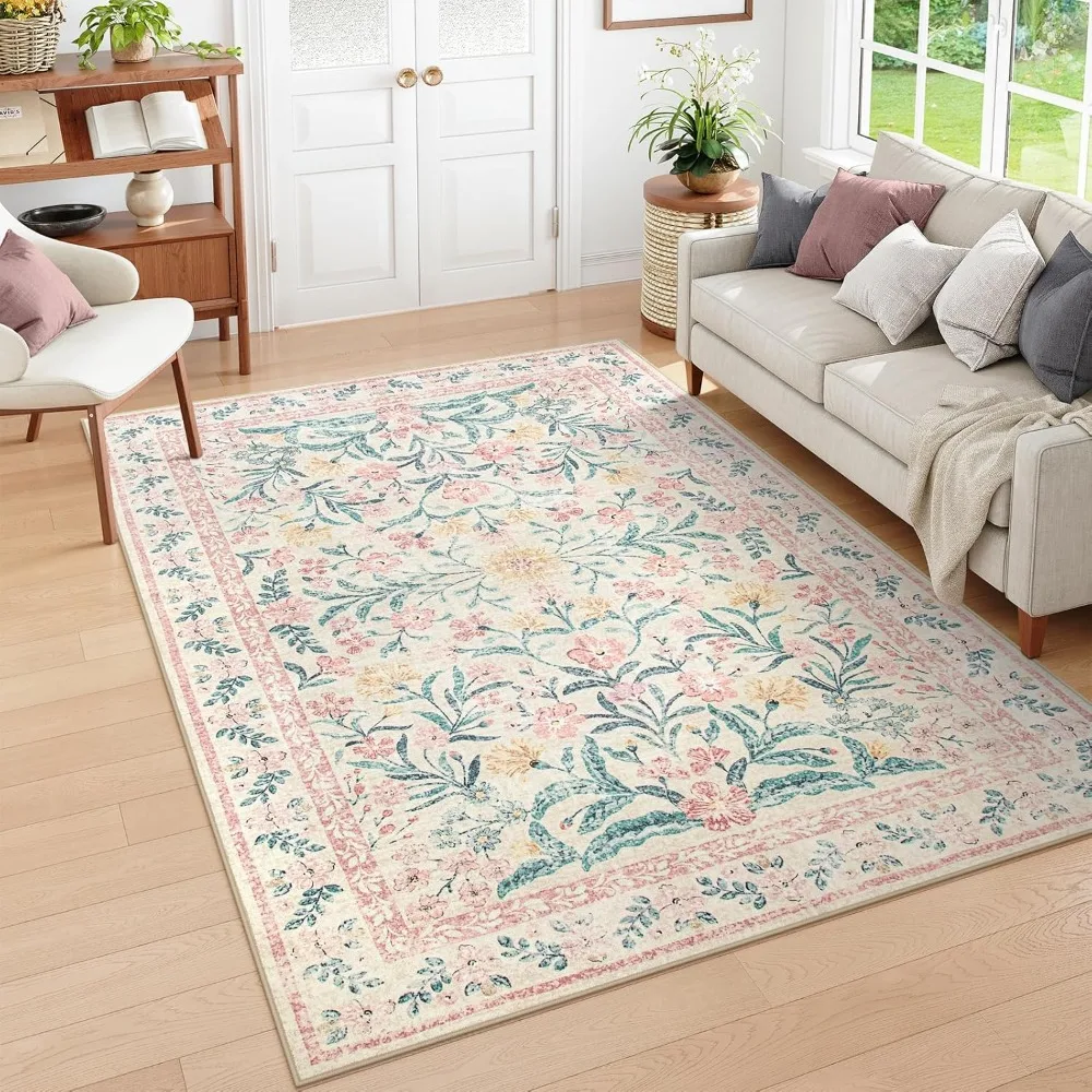 

Washable Area Rug 6x9, Pink Floral Rugs for Bedroom Girls Soft Living Room Carpet Ultra-Thin, Boho Non Slip Non-Shedding Pastel