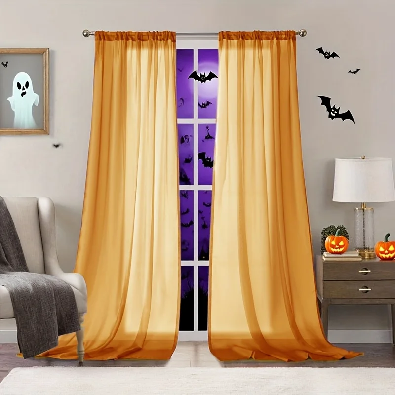 Halloween Ghost Day Holiday Celebration Decoration Orange Black Gauze Threaded Bar Curtain Sheet for Living Room Bedroom Window view 5