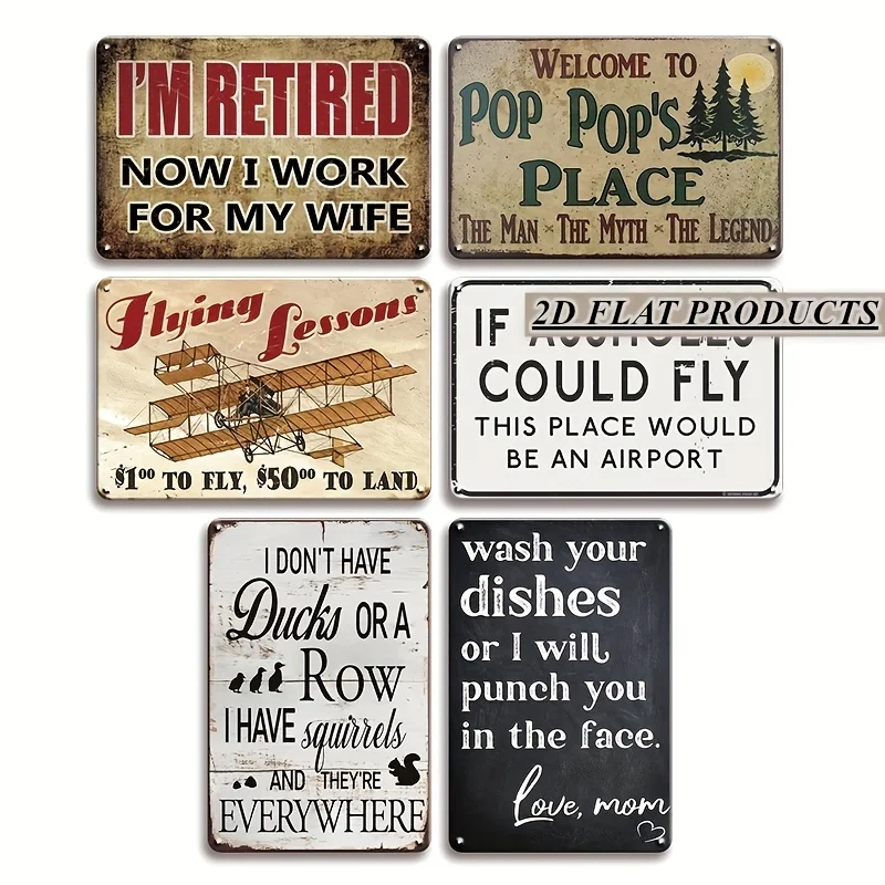 2D Flat, [Vintage Metal Sign] 6pcs Set Metal Tin Signs | Sarcastic Quotes Vintage Humor Wall Art Decor - Weatherproof, 30.48x20.
