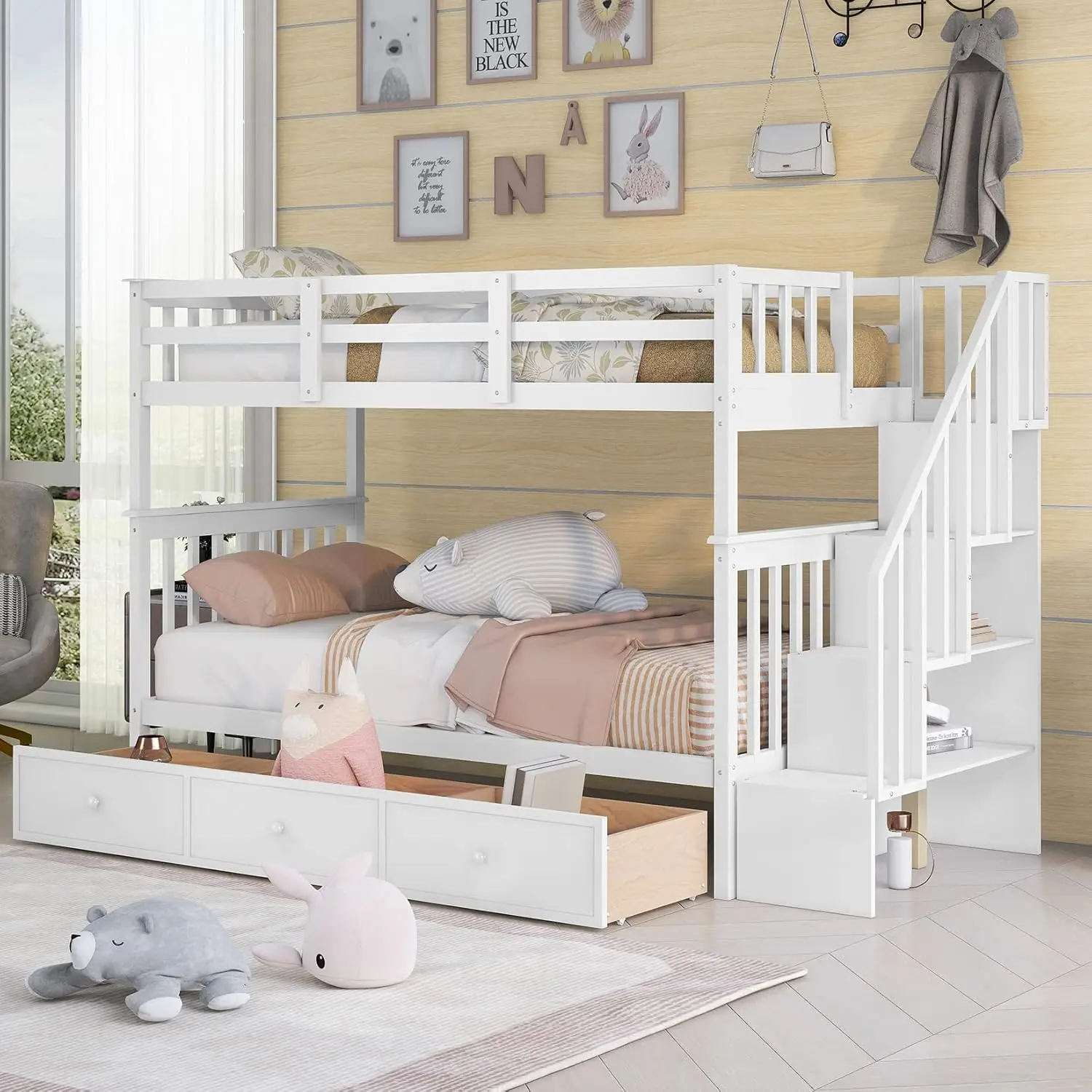 Designs Twin Over Twin Bunk Beds with Storage Drawers and Stairs Wood Bunk Bed Frame for Kids Boys Girls Teens, White