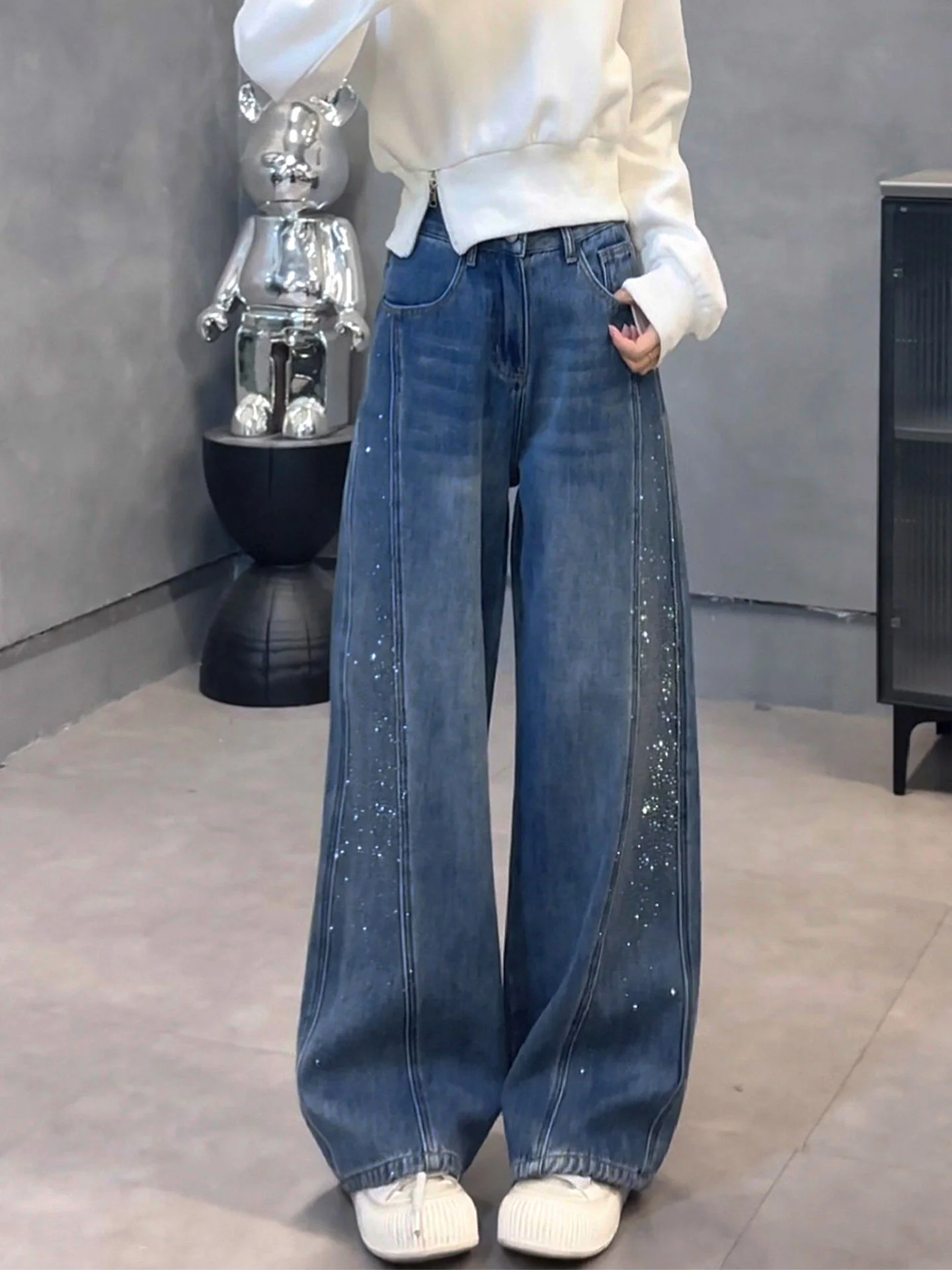 

Джинсы с высокой талией и широкими штанинами, женские, летние, новый стиль, свободные, прямого кроя, ретро, синие, из денима, в американском стиле, повседневные