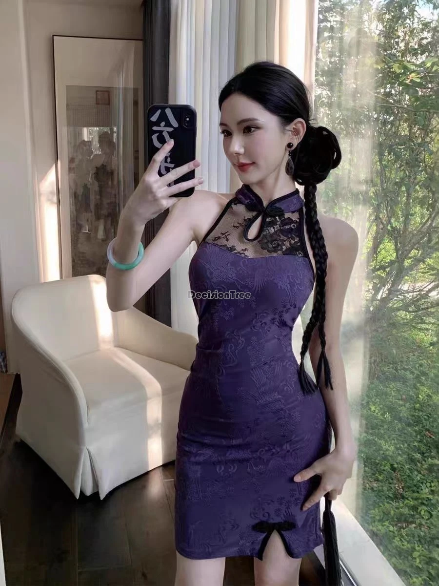 

Новинка 2025, китайское улучшенное стильное женское жаккардовое кружевное платье Cheongsam без рукавов, сексуальное облегающее короткое платье Ципао с разрезом