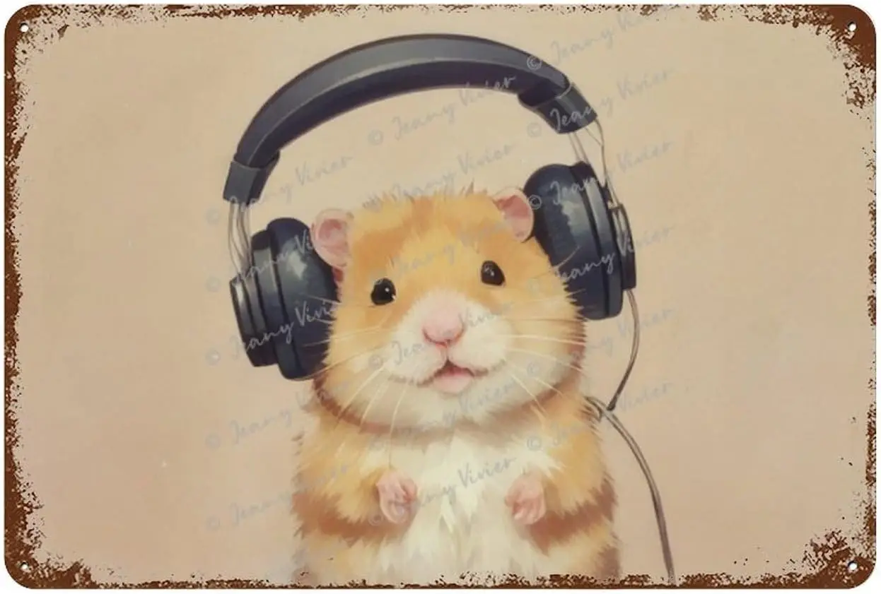 Music Hamster Tin Signs - Listening to Music Wall Art Decor Animal with Headphone Metal Sign Public Sign Plaque Garden House Sig