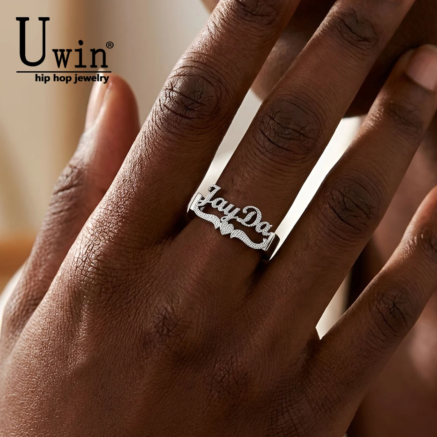 Uwin Custom Name Letters Ring Stainless Steel Double Heart Letter Band Women Stacking Statement Jewelry Anniversary Gift