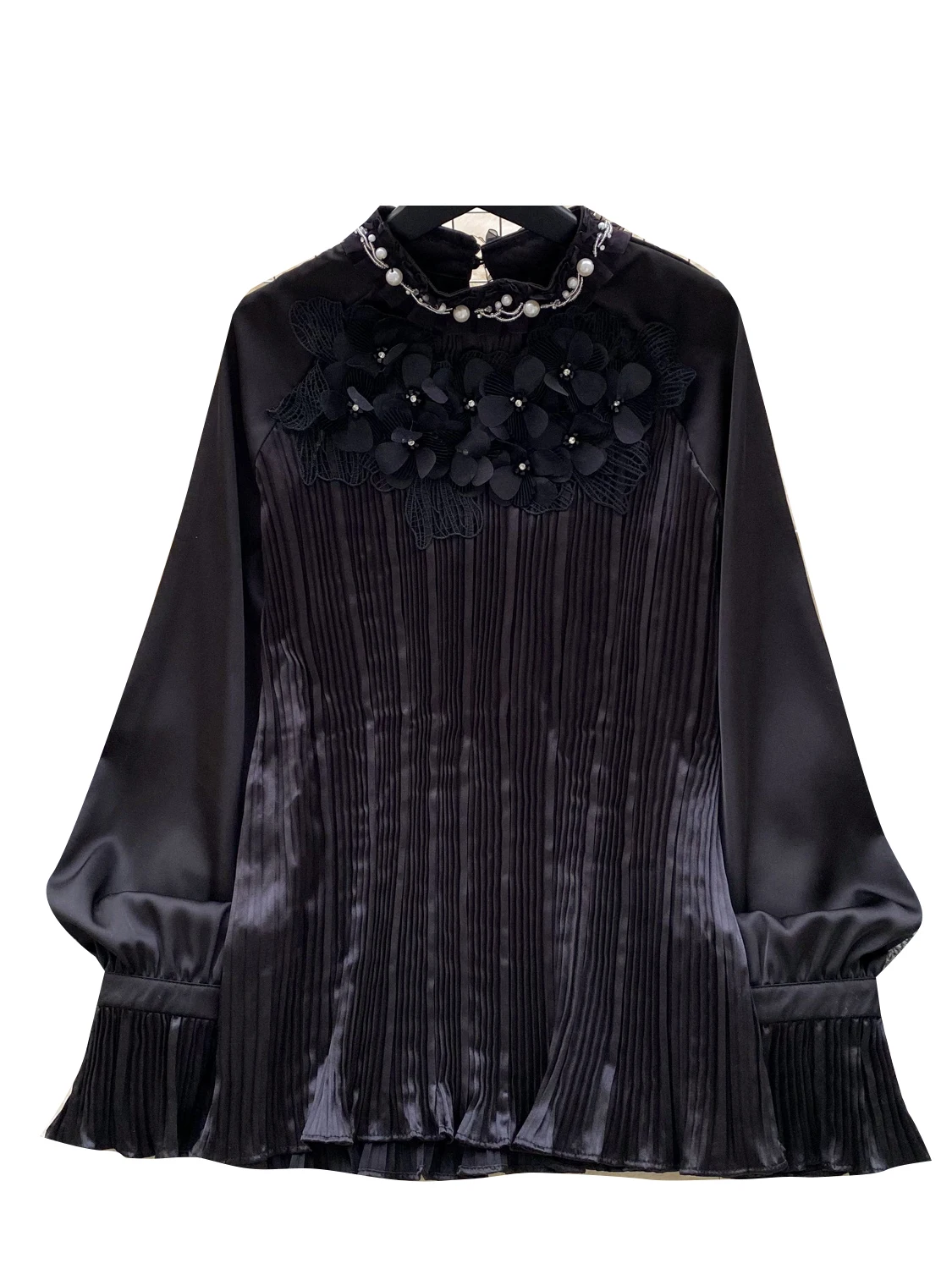 Ele Long Sve Cetim Plissado Diamante Embelezado Floral irt Feminino Faionable Versátil Top para deslocamento de outono