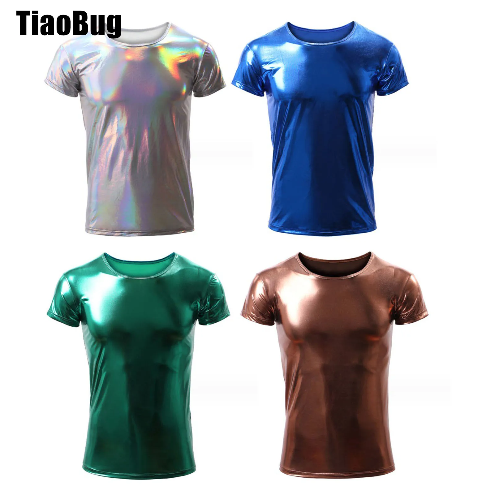 Mens Metallic Shinny T-shirt Short Sleeve Music Festival Rave Party Disco Club Round Neck Tops Streetwear