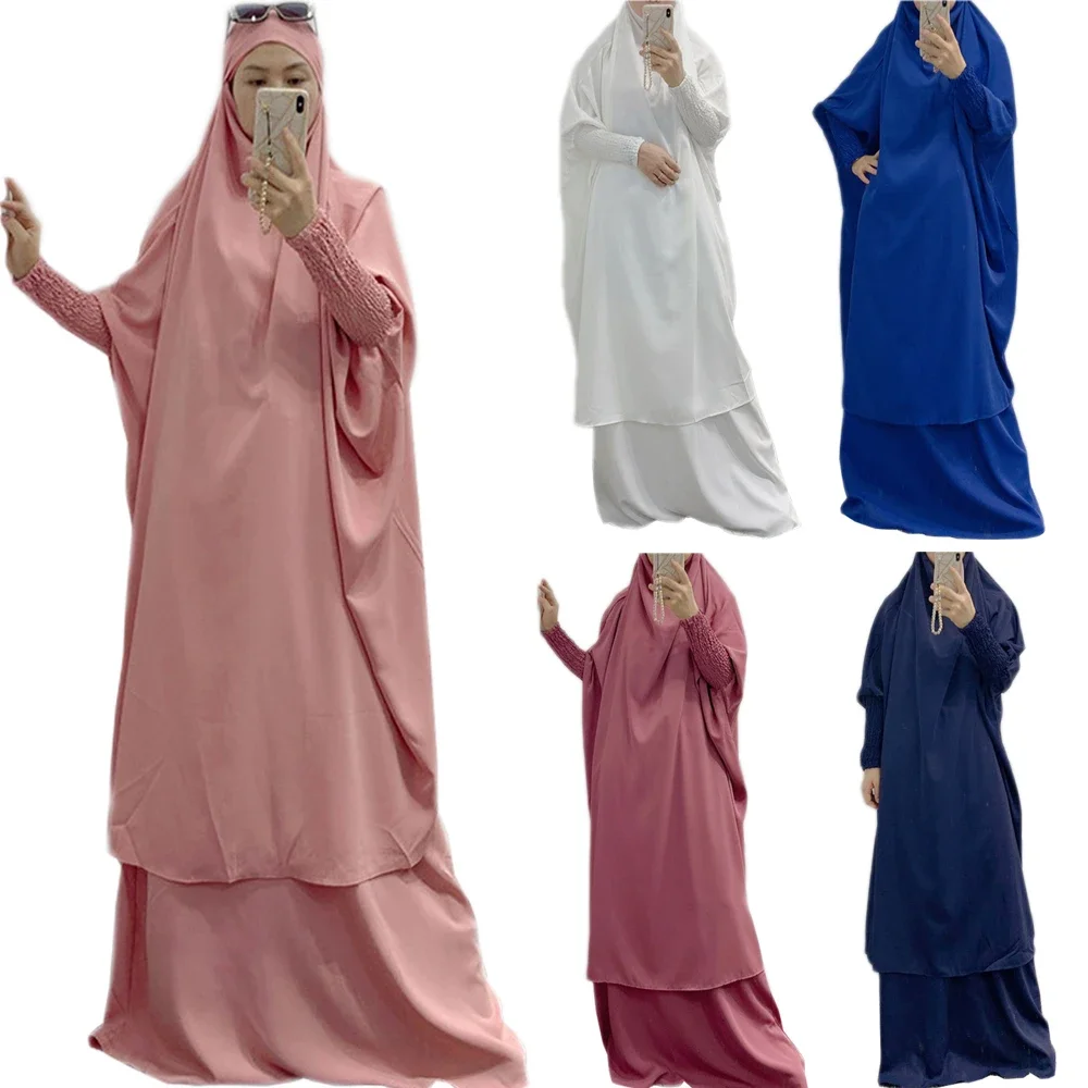 Conjuntos musulmanes de 2 piezas, batas Abaya Dubai, Hijab islámico, vestidos de mujer Eid con capucha, ropa de Ramadán, falda Khimar, bata árabe de cobertura completa