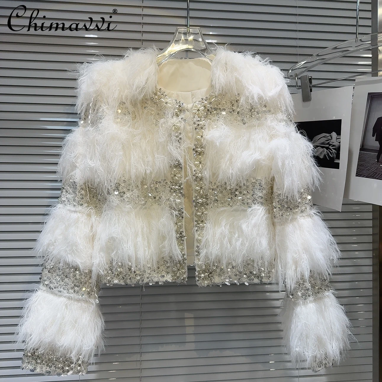 

Winter New High-end Fashion Pearl Sequined Bead Inner Padded Cotton Fluffy Jacket Luxury Long-sleeved Party Warm Elegant Coats