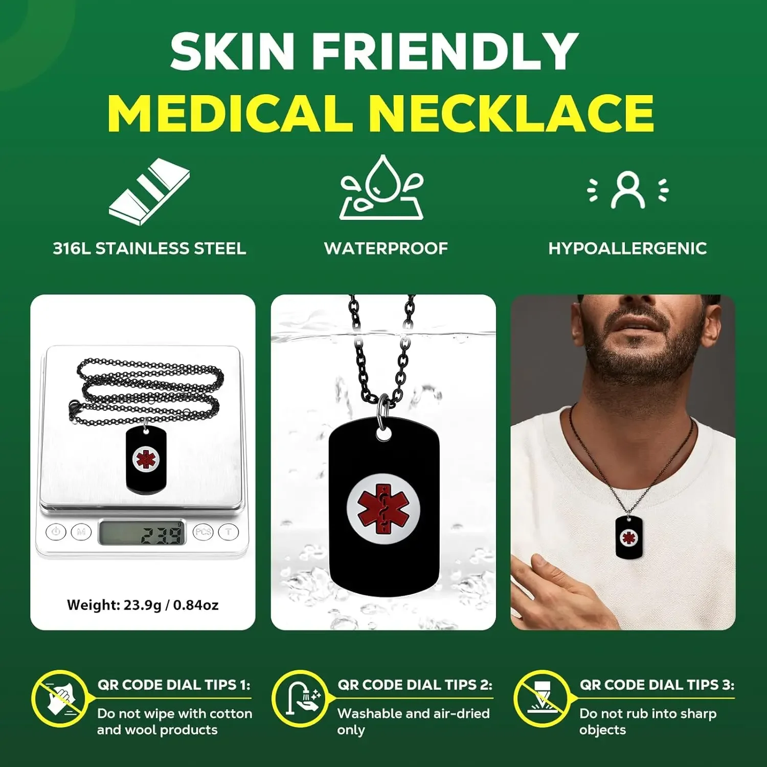 Stainless Steel QR Code Medical Alarm Pendants Free Carving Customization Men's and Women's Emergency ID Necklaces Jewelry