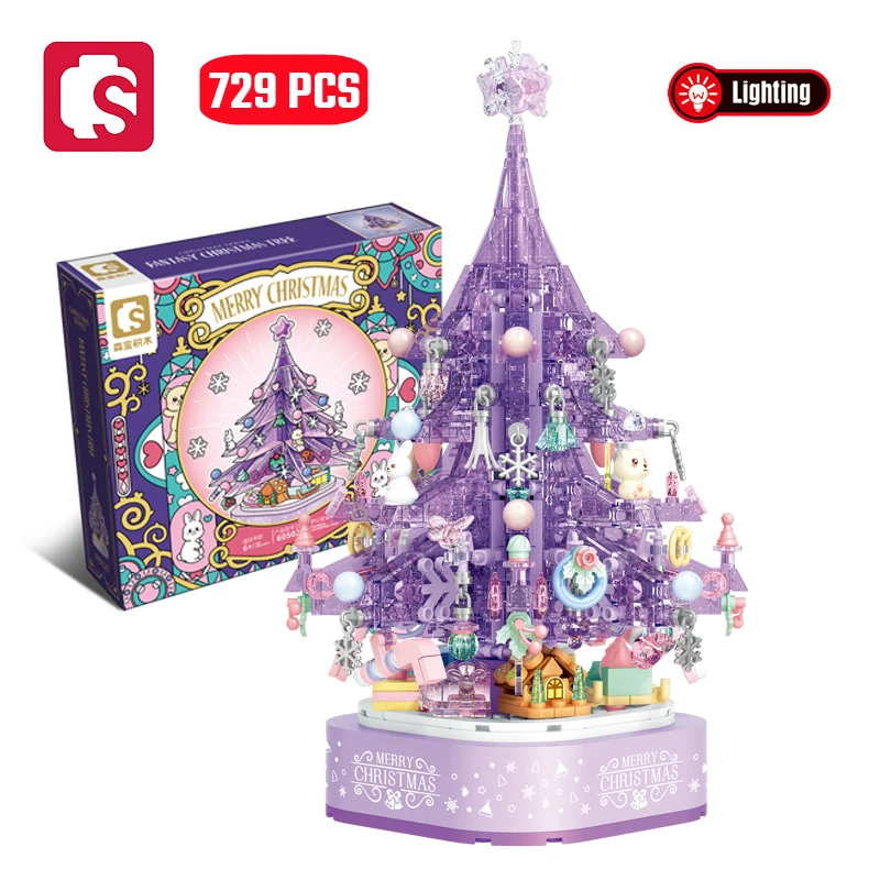 SEMBO New Pink Crystal Christmas Tree Building Blocks DIY Light Music Box Assembly Bricks Toys for Model Ornament Christmas Gift