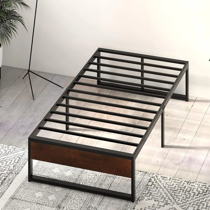 14 ''Twin Metalen Platform Bed Frame Met Hout En Omgekeerde Gaten, Voldoende Opbergruimte Onder Het Bed, Matrasfundering, Geen Boxspring Nodig