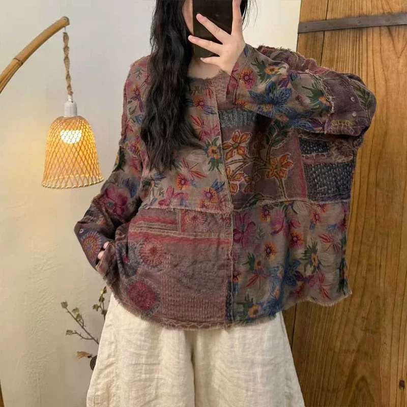 

CareaymadeMasss Wasss Spring Vintage Tops Womens Fashion Printed Oversized T-shirts Ladies Loose Patchwork O Neck Casual Clothes