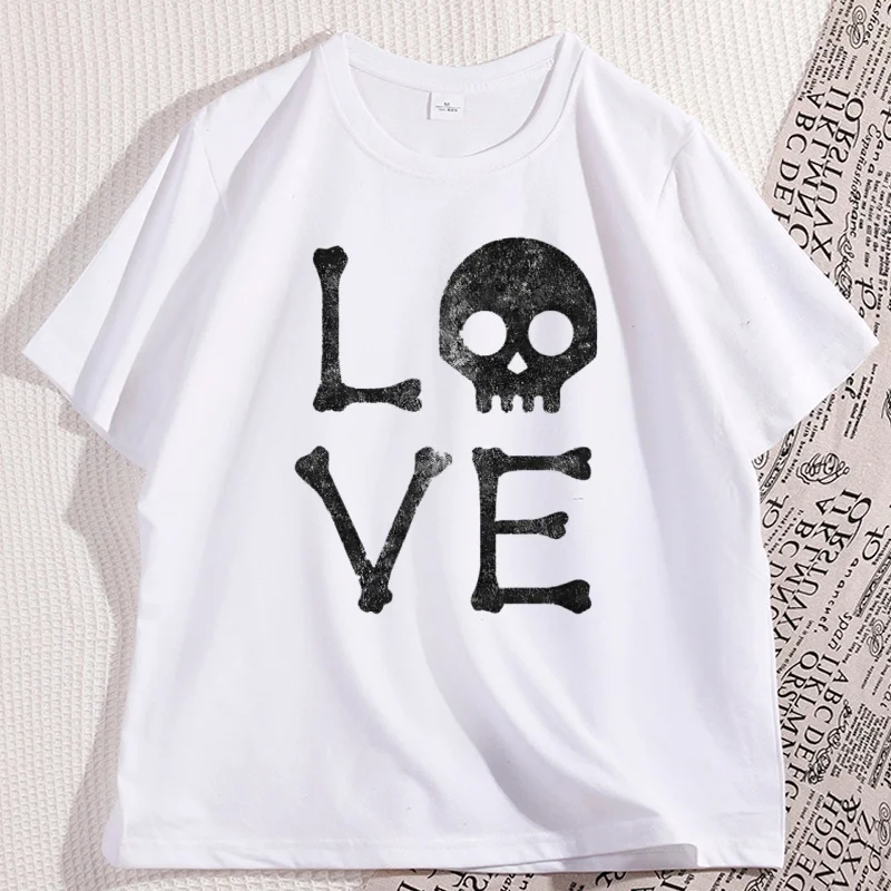 Love Skull T Shirt Funny Skeleton Bones Graphic T Shirts Men Women Vintage Cotton Short Sleeve T-shirts Casual Round Neck