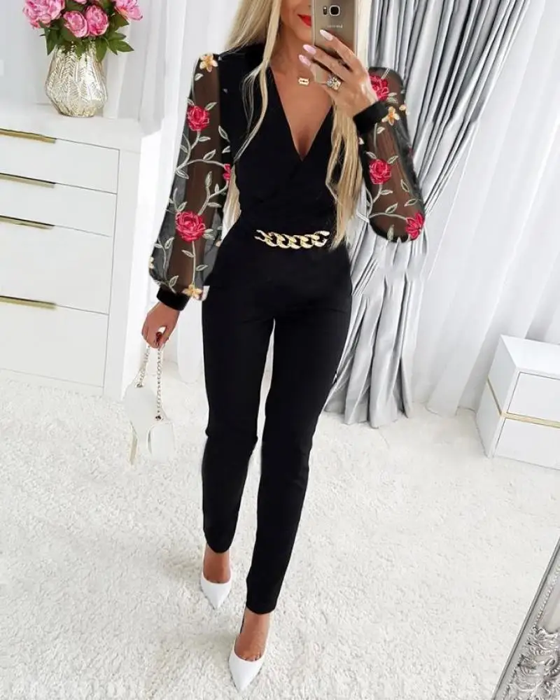 Elegant Jumpsuits Women Autumn Fashion Floral Sheer Mesh Patchwork Chain Decor Romper Casual V-Neck Full Sleeve Long Jumpsuit