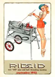 1953 RIDGID Tool Calendar girl threading machine metal tin sign brewery bar