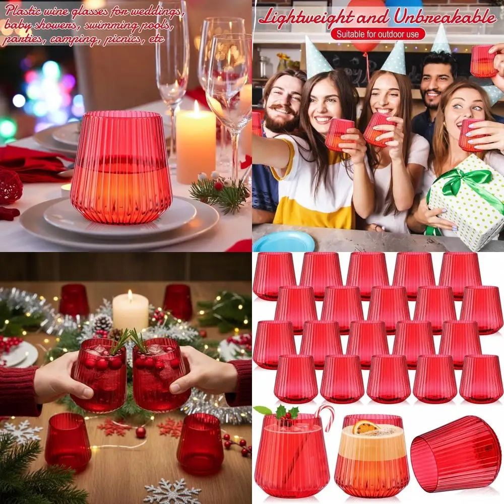 

Durable Ribbed Stemless Wine Glasses - 14oz Elegant Unbreakable Cups for Outdoor & Indoor Events, 50 Red Pieces