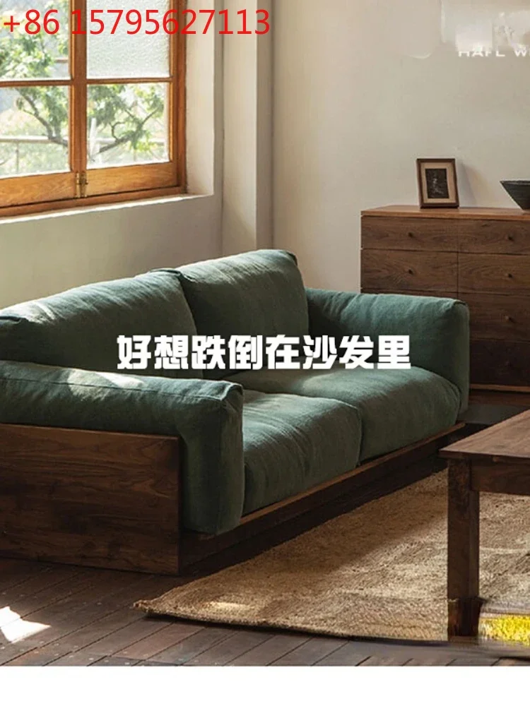 

Black Walnut Solid Wood Sofa Small Apartment Japanese Fabric Sofa Living Room Modern Minimalist Furniture