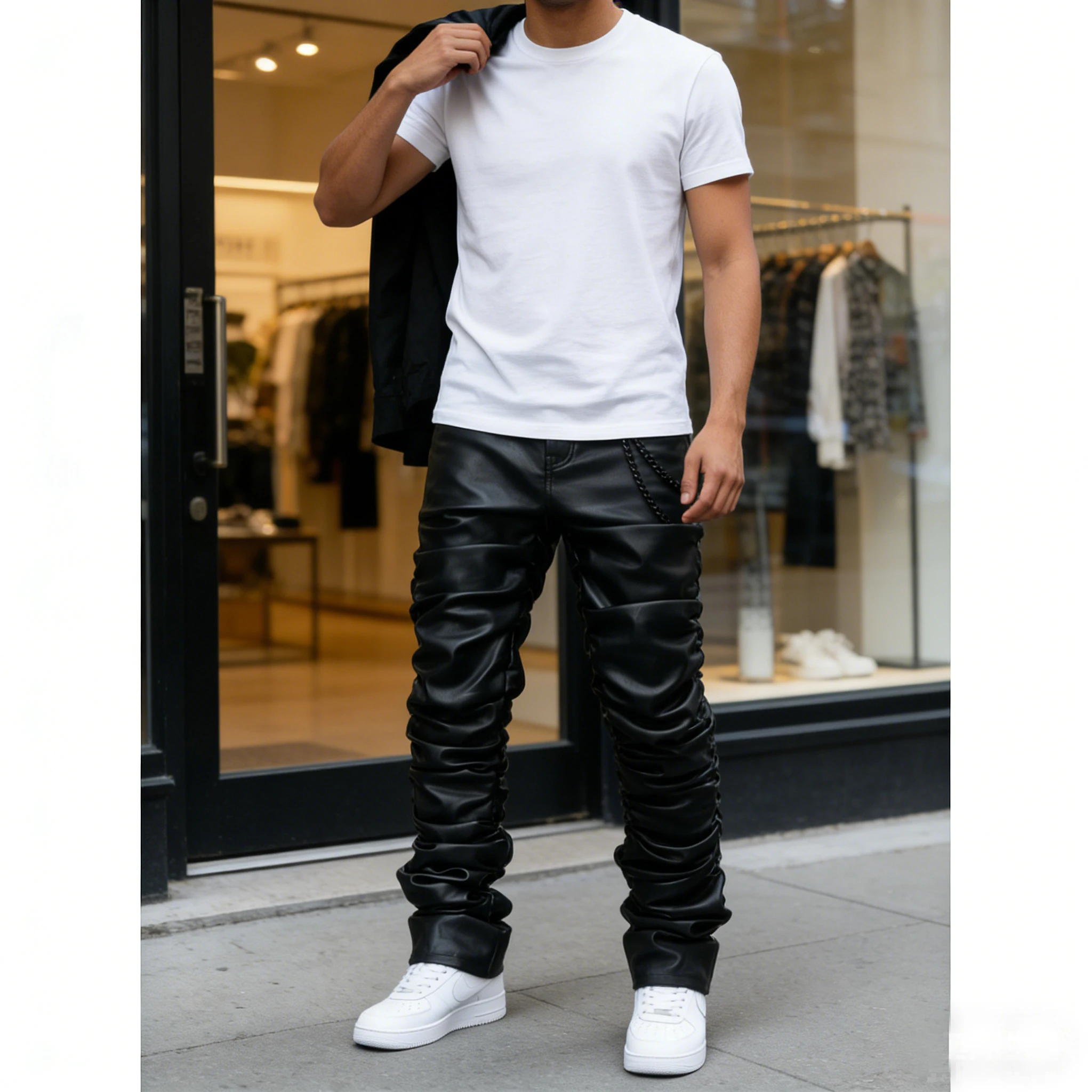 

Men's denim coated leather pants with European and American fashion trends, street casual temperament, straight leg pants