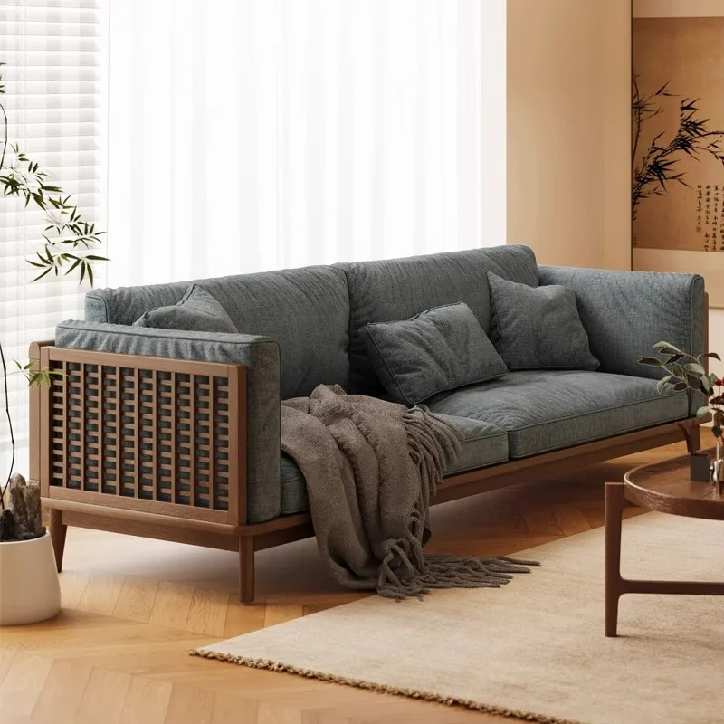 Song's Aesthetics Full Solid Wood Sofa Living Room Wood New Chinese Furniture Wooden Tea House Reception Walnut Fabric Sofa