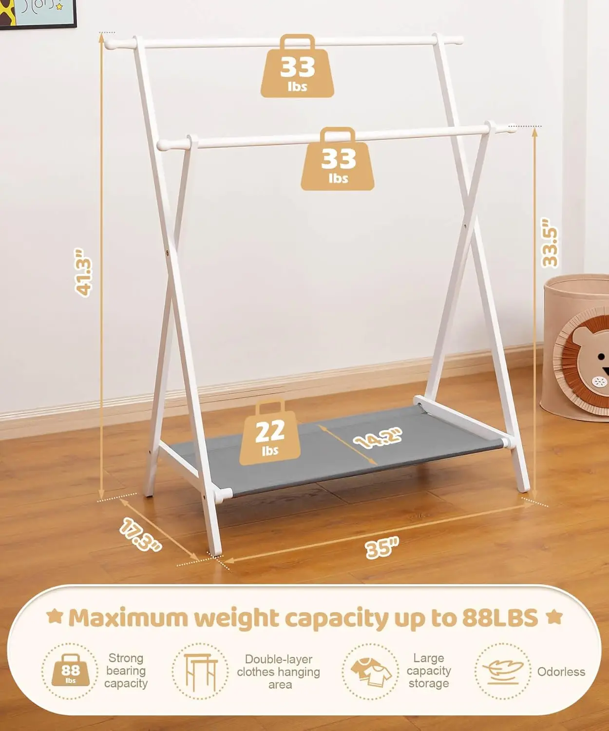 Appendiabiti per bambini con 2 aste per appendere, 4 ganci, ripiano portaoggetti - Supporto pieghevole in bambù