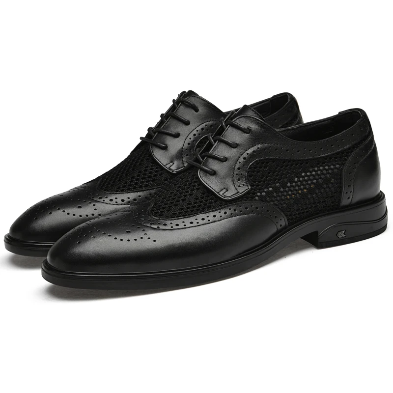 2024 Fashion Men Oxfords Shoes Genuine Leather Man Casual Shoes Lace-up Formal Business Wedding Dress Shoes Hollow Out Flats