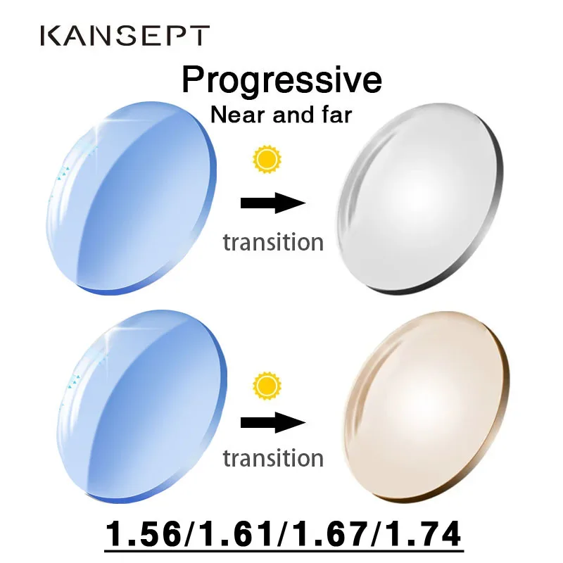 KANSEPT 1.56/1.61/1.67/1.74 Anti-scratch Wide Field Of View Custom Anti-blue Light + Photochromic Progressive Multifocal Lens