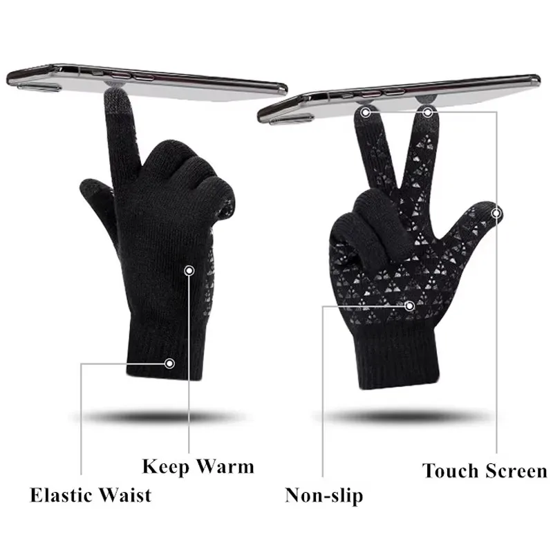 Winter Men Knitted Gloves Touchscreen Non-slip Silicone Thermal Fleece Lined Warm Driving Cycling Outdoor Sports Mittens