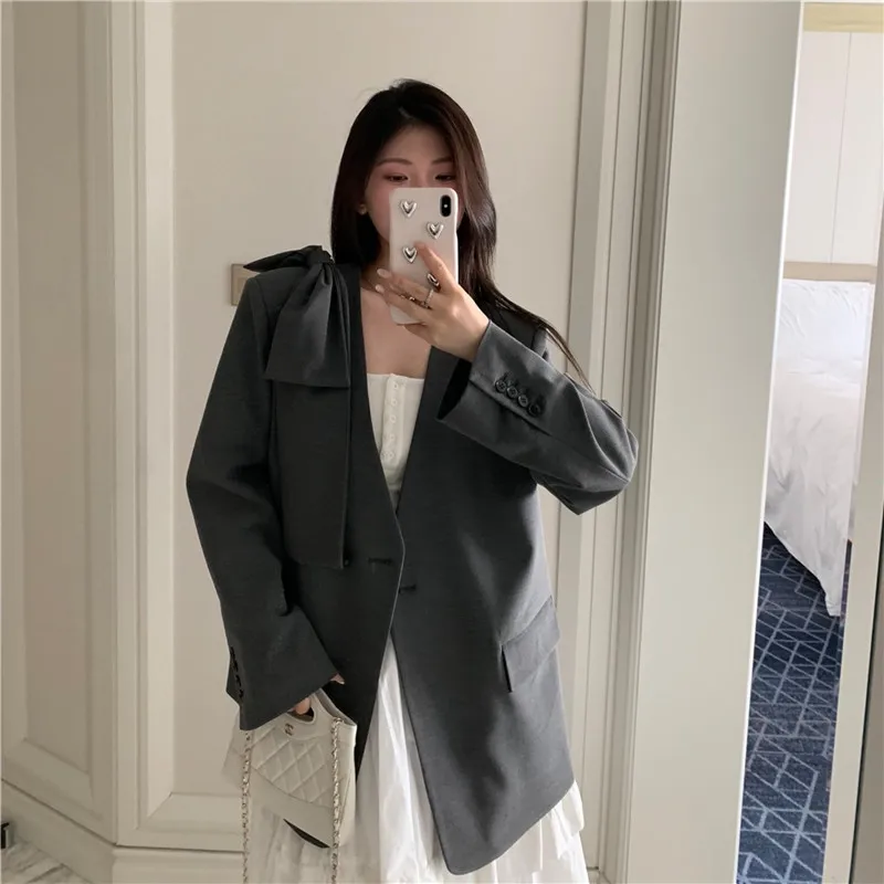 봄 가을 여성 패션 활 장식 회색 정장 재킷 v 넥 싱글 버튼 긴 소매 느슨한 캐주얼 여성 블레이저 코트