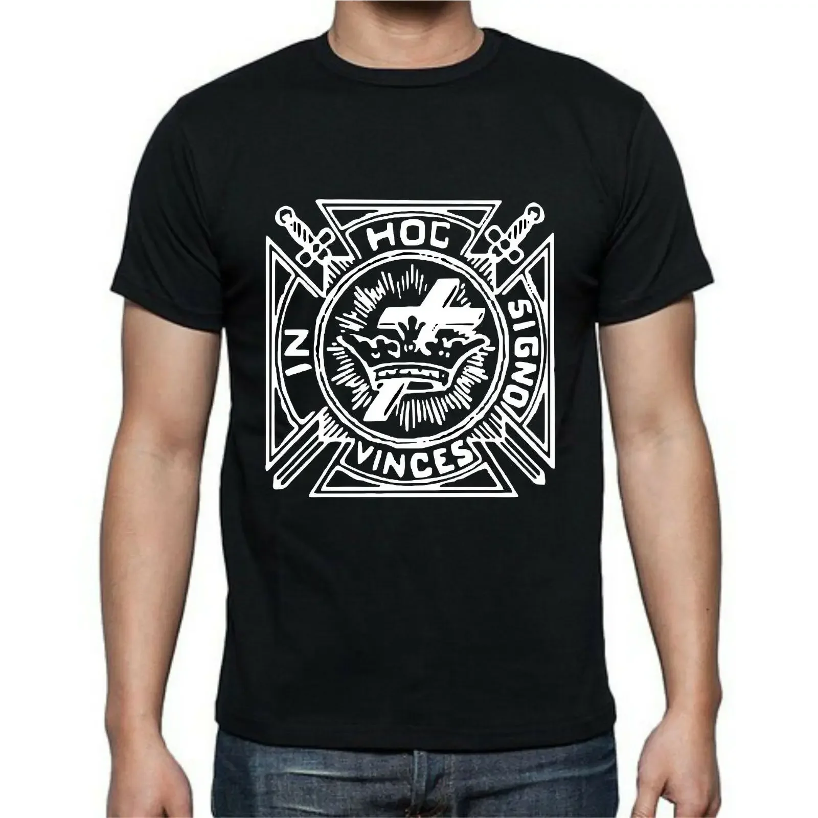 

In Hoc Signo Vinces Catholic Cross Crown King Christ Jesus T-Shirt 100% Cotton O-Neck Short Sleeve Summer Casual Mens Tee
