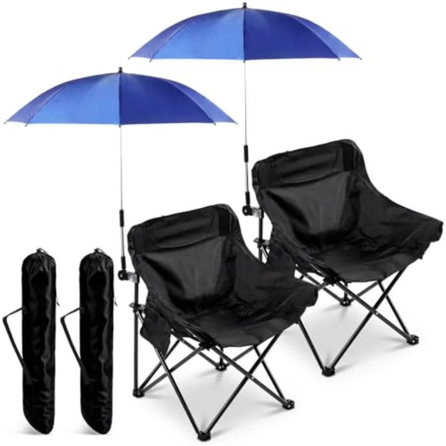 

2 Set Beach Chair with Umbrella Foldable Camping Chair Adjustable and Fold up Umbrella with Storage Bag for Outdoors Fishing Ca