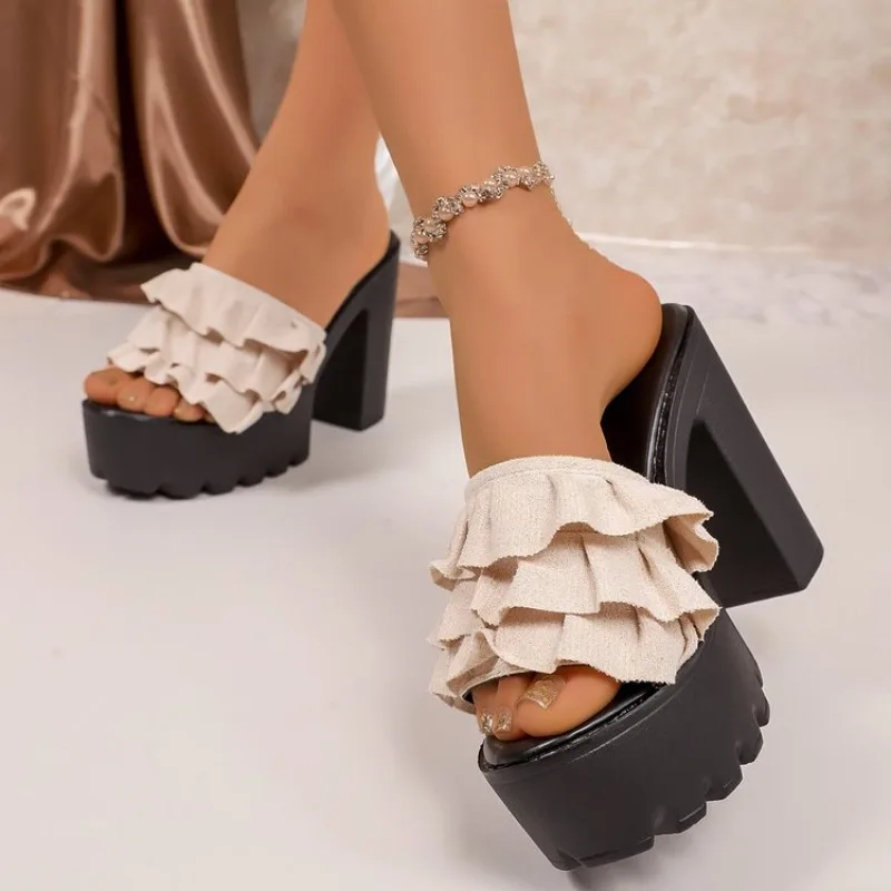 

Women's Beige Ruffl Chunky Platform Sandals 2026 Summer High Heel Mule Slippers Woman Plus Size 43 Thick Heeled Party Sandals