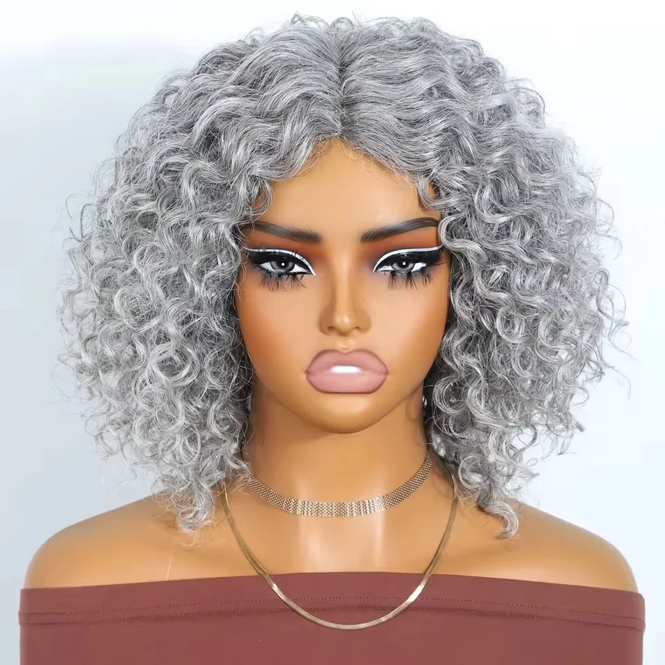 Parrucche per capelli umani ricci caschetto corto grigio argento Parrucca trasparente per sale e pepe con onde profonde Parrucche in pizzo HD Capelli umani Remy brasiliani al 100%