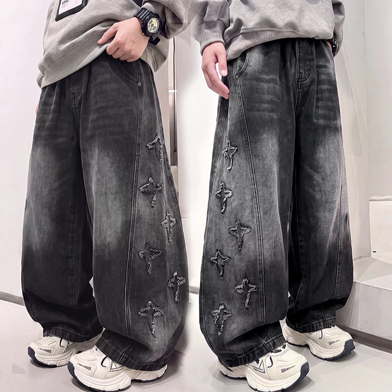Korean Children Boys Fashion Star Pattern Black Baggy Jeans Trousers Teenage Kids Loose Straight Distressed Denim Pants 4-16 Yrs