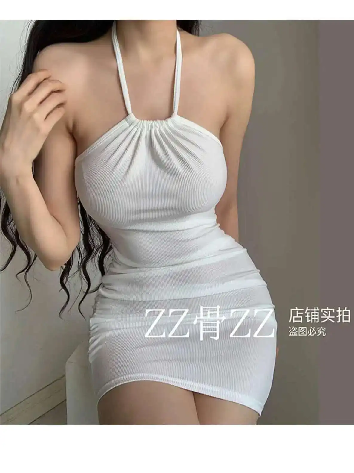 Dulce nueva chica elegante estilo Sexy cuello colgante estilo puro deseo fino envuelto cadera Vestido corto elegante caliente Sexy mujeres Tops 19XZ