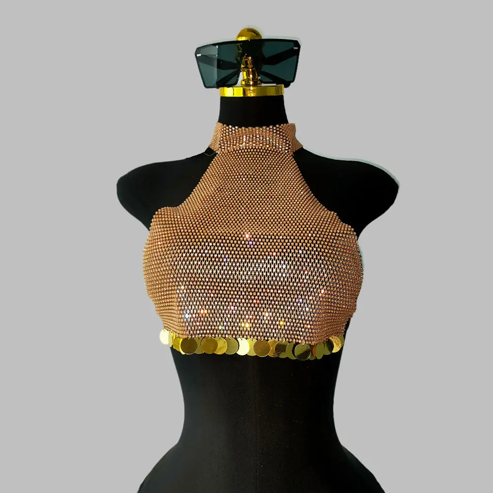 Women Elastic Mesh Rhinestone Camisole Sexy Hollow Out See Through Fishnet Backless Sequins Tassel Crop Top Party Club Tank Top