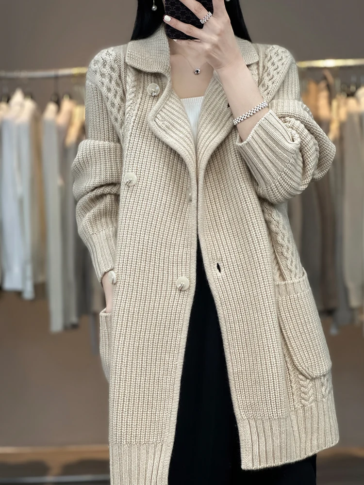 100% Merino Wool Sweater Women Turn-down Collar Cardigan Long Coat Autumn Winter Thick Cashmere Knitwear Female Grace Clothing