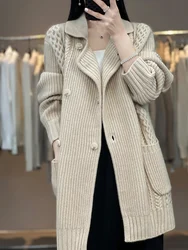 100% maglione di lana Merino donna Cardigan con colletto rovesciato cappotto lungo autunno inverno maglieria in Cashmere spesso abbigliamento femminile Grace