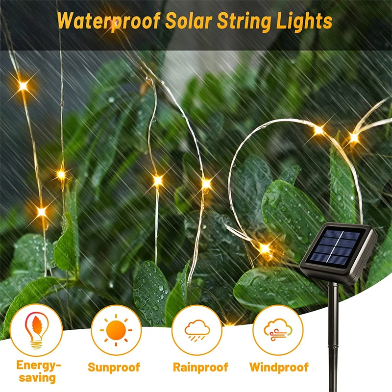 Led Zonne Fairy Lichtslingers Outdoor Festen Lamp Waterdicht 8 Modi Koperdraad Licht 32/22/12/7M Kerst Garland Werf Decor