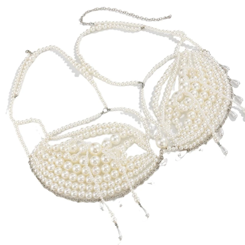 Summer Beach Holiday Sexy Bra Chain Hand-woven Plastic Pearks Bikini Crop Tops Halter Camis Multi-layer Pearls Tassel Body Chain