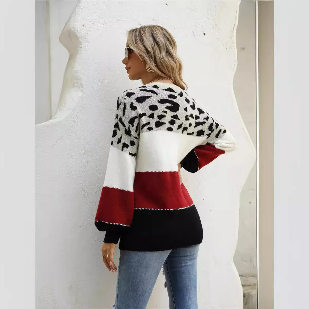 Autumn Winter Women's Pullovers Female O-neck Contrast Leopard Print Sweater Lady Casual Long Sleeve Base Shirt Women's Clothing